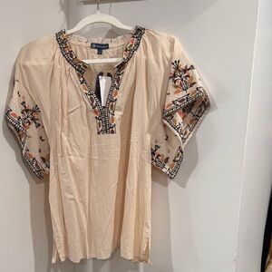Democracy Cream Embroidered Peasant Tunic with Floral Trim